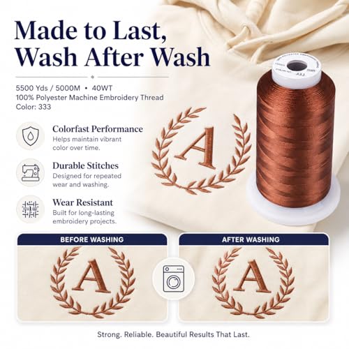 Image of Simthread 5500Yds Embroidery Thread, 5000M High-Yardage 40WT 100% Polyester Thread - 170+ Vivid Colors, High-Speed Rated - Compatible with Brother, Singer, Janome & More - Amber Red 333 | 5000M 40WT polyester thread feeds smoothly for machine embroidery, monograms, logos, patches and quilting.