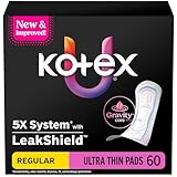 Kotex Ultra Thin Pads, Regular Absorbency, 60 Count (Packaging May Vary)