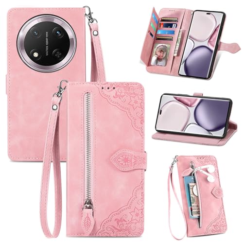Fertuo Cover per Honor Magic 7 Lite 5G, Custodia a Libro in Pelle PU Flip Case con Porta Carte, Chiusura Magnetica e Cinturino [Disegni di Fiori] Portafoglio Antiurto per Honor Magic 7 Lite, Rosa
