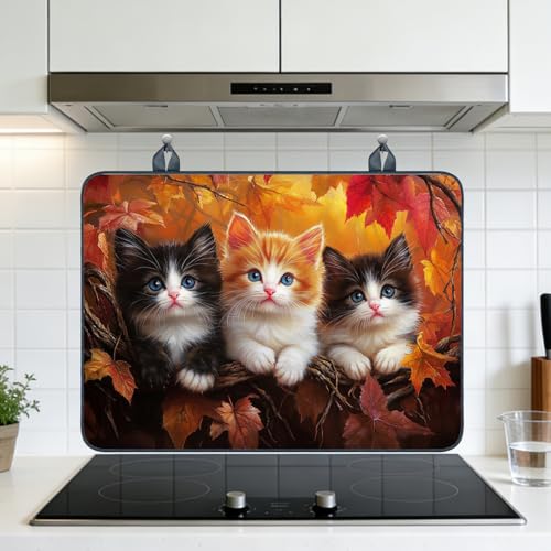 Image of Nuxovilar Kittens Leaves Stove Cover Diatom Mud 20.47x28.34 In | Glass Protector Countertop Mat Counter Saver Cooktop Cover Kitchen Home Dining Area Room (Kittens Autumn Leaves)