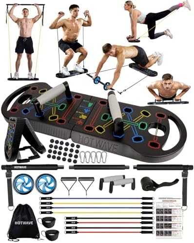 HOTWAVE Portable Exercise Equipment with 18 Gym Accessories.20 in 1 Push Up Board Fitness,Resistance Bands with Ab Roller Whe