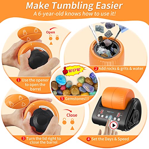 Komestone 2023 Upgraded Starter Rock Tumbler Kit, Durable Complete Rock Polisher For Kids & Adults, 3-Speed Motor & 9-Day Timer, With 6 Belts, Rough Gemstones, Polishing Grits, Stem Gift #TOP2