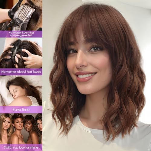 Image of AISI HAIR Synthetic Wavy Curly Bob Wig with Bangs Ash Auburn Short Wavy Hair for Women Synthetic Heat Resistant Bob Wigs