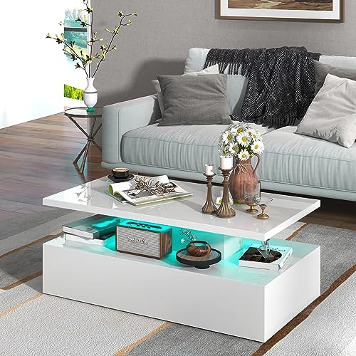 COSTWAY Table Basse Laqué Brillant, Table Basse Salon Laque 20 Lumières Réglables AVCE Télécommande, 19 Modes Dynamiques, 8 Luminosité, Rectangulaire (Blanc)