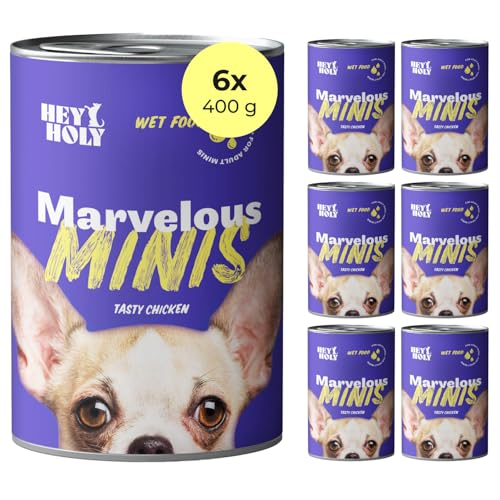 HEY HOLY Premium Nassfutter für Minis | 6X 400g Hundefutter für ausgewachsene Minis mit Huhn | Hochverträglich aus natürlichen Zutaten