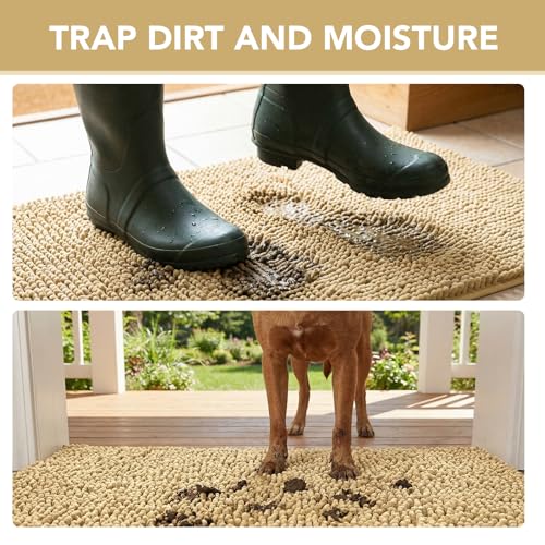 Image of H.VERSAILTEX Dog Door Mat for Muddy Paws Absorbent Dirt Trapper Non Slip Quick Dry Washable Chenille Mats for Dogs Entry Rug for Indoor Outdoor (Beige, 24 inch x 36 inch)