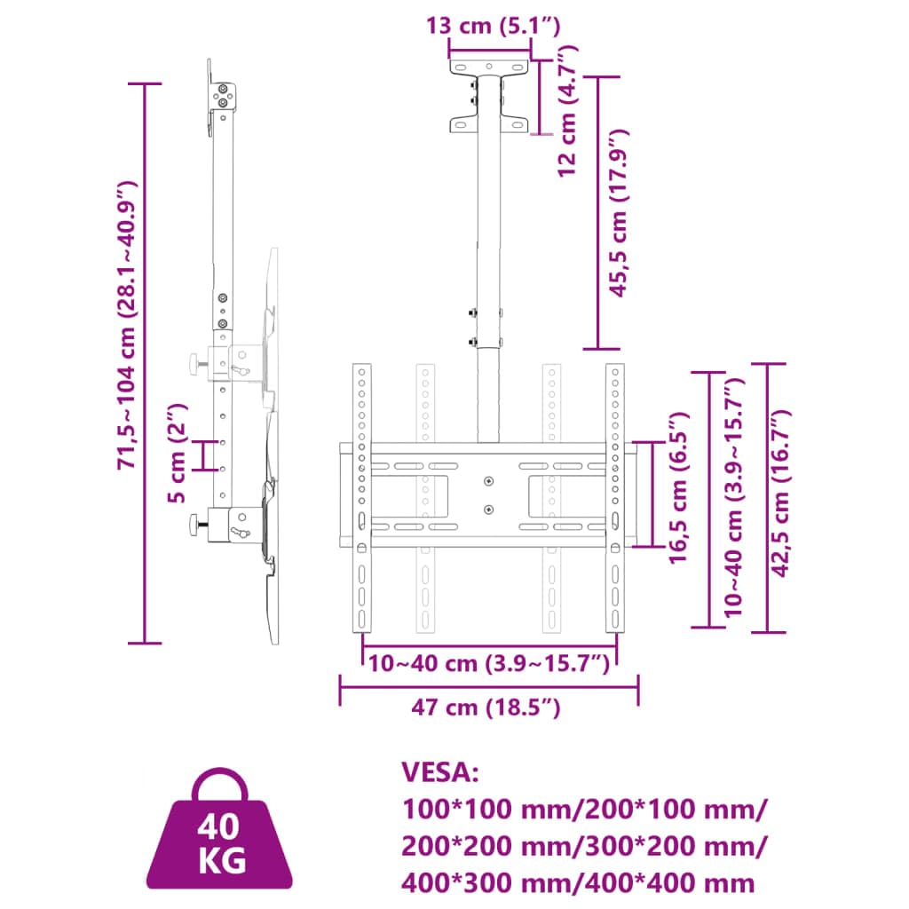 vidaXL Uchwyt sufitowy na TV 32-65'', rozstaw VESA 400x400 mm, 40 kg