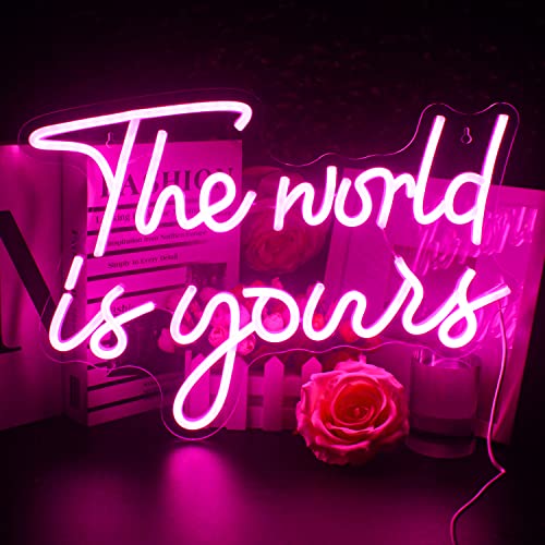 Looklight The World is Yours Neon Signs, Pink Led Neon Signs for Wall Decor, USB Powered Led Art Wall Neon Signs Letter Light Up Sign for Bedroom Home Bar Engagment Wedding Birthday Party
