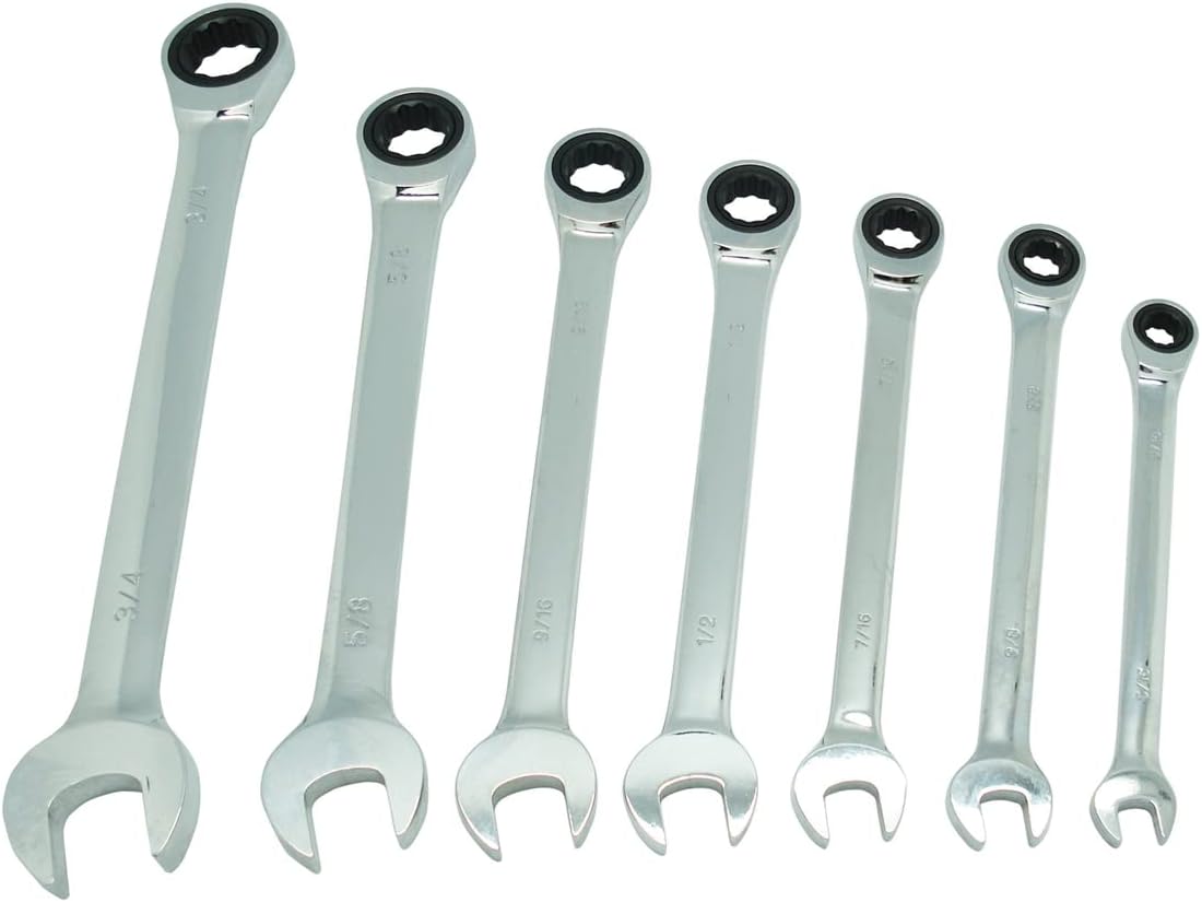 K Tool International 45400 SAE Combination Ratchet Wrench Set for Garages, Repair Shops, and DIY, Chrome Vanadium Steel, 12-point, Laser Engraved, Corrosion/Rust Resistant, 5/16"-3/4", 7-Piece
