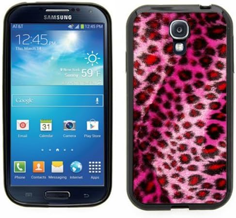 Samsung Galaxy S4 SIIII Black Rubber Silicone Case - Pink Fur Fauz Cheetah Patte