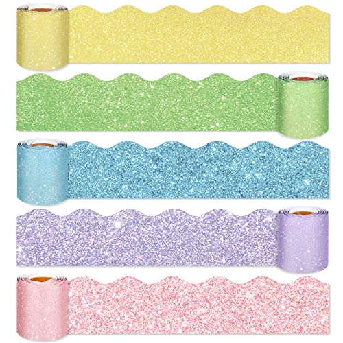 Whaline 164 Ft Spring Easter Bulletin Board Borders Glitter Pastel Classroom Borders Trim Scalloped Candy Colors Die-Cut Bulletin Board Decorations for Back to School Home Office Chalkboard, 5 Rolls