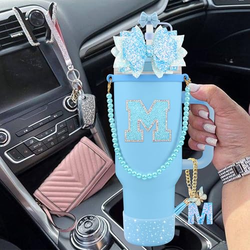 Hpebl 9PCS Blue for Stanley Cup Accessories Set Bling Initials Bow Charms for Stanley Decorations 30/40 Oz Tumbler Accessories Including Bow Straw Topper, Handle Strap, Spill Stopper（Letter M） — view 6