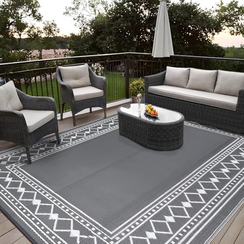Garvee Outdoor Patio Rug 8x10 Washable Grey Outdoor Beach Carpets Modern Diamond Bordered Picnic Mats Easy-Clean Folding Portable Waterproof Plastic Outdoor Rug Easy-Clean Area Rug for Garden Backyard — view 7
