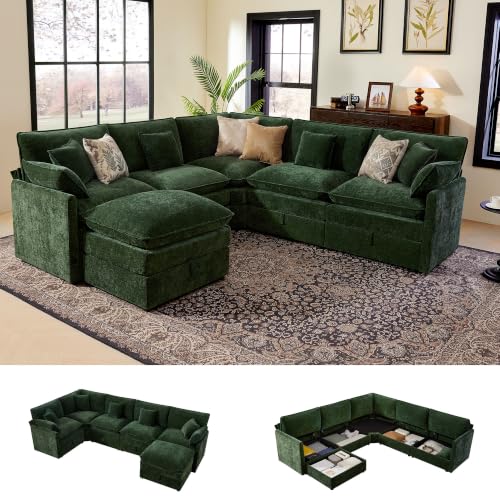 Image of Ihanherry Oversized Modular Sectional Sofa with Storag, 6-Seater V Shaped Cloud Couch with Movable Ottomans, Chenille Deep Seat Corner Couches for Living Room (Green)