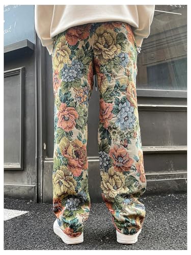 Men's Vintage Floral Straight Leg Baggy Pants Drawstring Waist Trousers with Pockets Streetwear2