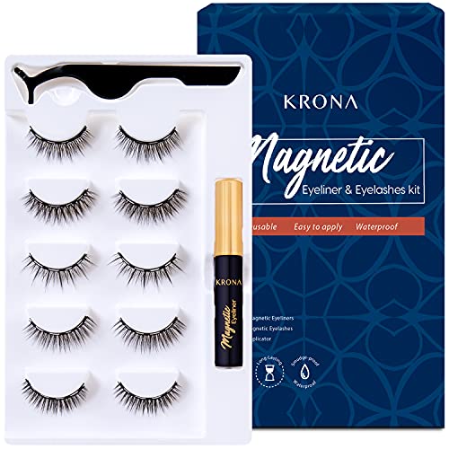 KRONA Magnetic Eyelashes With Eyeliner Kit - Magnetic Eyeliner set - Reusable Falsies With Tweezer - Natural Long Full & Dramatic Looking Eyelashes Set - No More Glue Easy To Wear