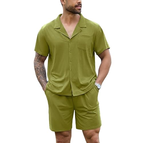 Marvmys Men Pajama Set Cotton Sleepwear Short Sleeve Button Down Pajamas Loungewear 2 Piece Pj Set with Pockets S-2XL Medium Army Green