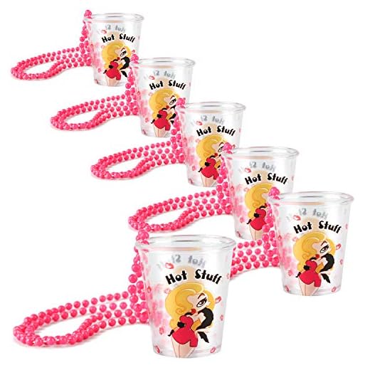COM-FOUR® 6x Vasos de chupito con cadena para sujetar - Accesorios para despedidas de soltero - Shotglas para Carnaval, Carnaval, JGA, etc. - 50 ml (6 piezas -"Hot Stuff")
