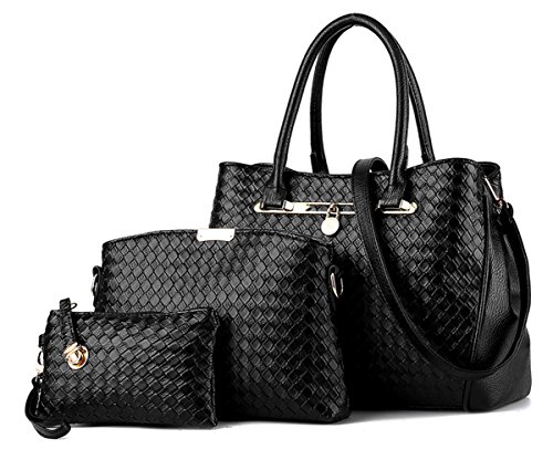 TIBES bolso manera Mujeres bolso PU cuero 3pcs fijó bolso tejido Bolso de hombro lujo Bolso muchachas Negro
