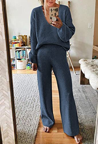 Fixmatti Women 2 Piece Knit Set Long Sleeve Pullover Sweater Top Wide Leg Pant Sweatsuit Outfits3
