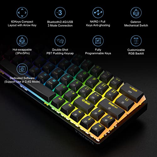 Tezarre Tk63 Pro Wireless Keyboard Bluetooth/2.4G/Usb Wired 60% Mechanical Gaming Keyboard Rgb Backlit Pbt Pudding Keycaps Hot-Swappable (Gateron Blue Switch, Black) #TOP1
