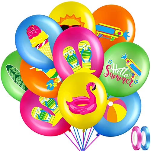 Threan 50 Pcs Summer Theme Party Balloons, Pool Decorations, Flamingo Tropical Leaf Beach Ball Theme Latex Balloons with Ribbons for Summer Beach Birthday Party Favor Supplies, 12 Inches