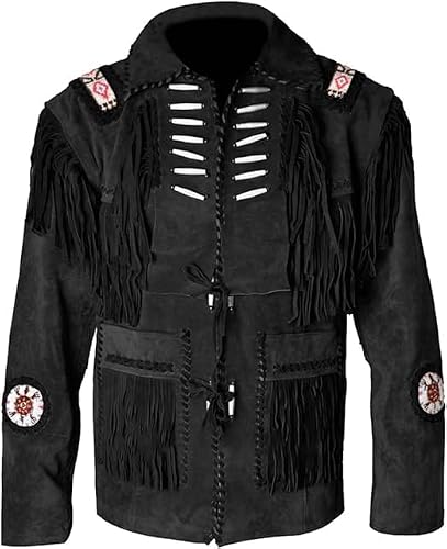 Image of Fami Sports Authentic Vintage Native American Western Cowboy Suede Leather Jacket: Fringed, Beaded & Bones Classic Style and Durability (UK, Alpha, M, Regular, Regular, Black)
