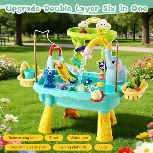 2027 Upgraded 4-in-1 Sand Water Table for Toddlers 1-3, Kids Sensory Table with Electric Water Pump & Elephant Faucet, Play Kitchen Sink with Food Accessories, Fishing Toy (Blue) | 4-in-1 sand and water table with electric pump, play kitchen sink and fishing accessories for indoor or outdoor sensory play.