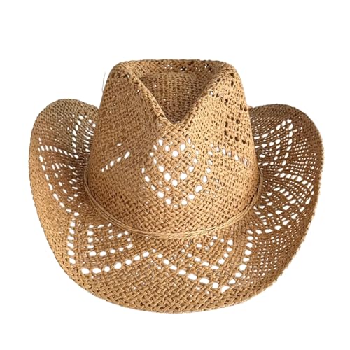 Men Womens Western Cowboy Cowgirl Straw Hat with Shapeable Brim Unisex Hollow Out Woven Roll Up Summer Sun Hat (Khaki ONE Size)