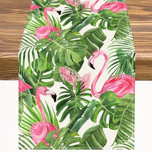 Tropical Table Runner Green Botanical and Flamingo Pattern Table Runner Table Cloth Decoration Dresser Garden Farmhouse Wedding Party Vacation Dinner Home 13x36 inches