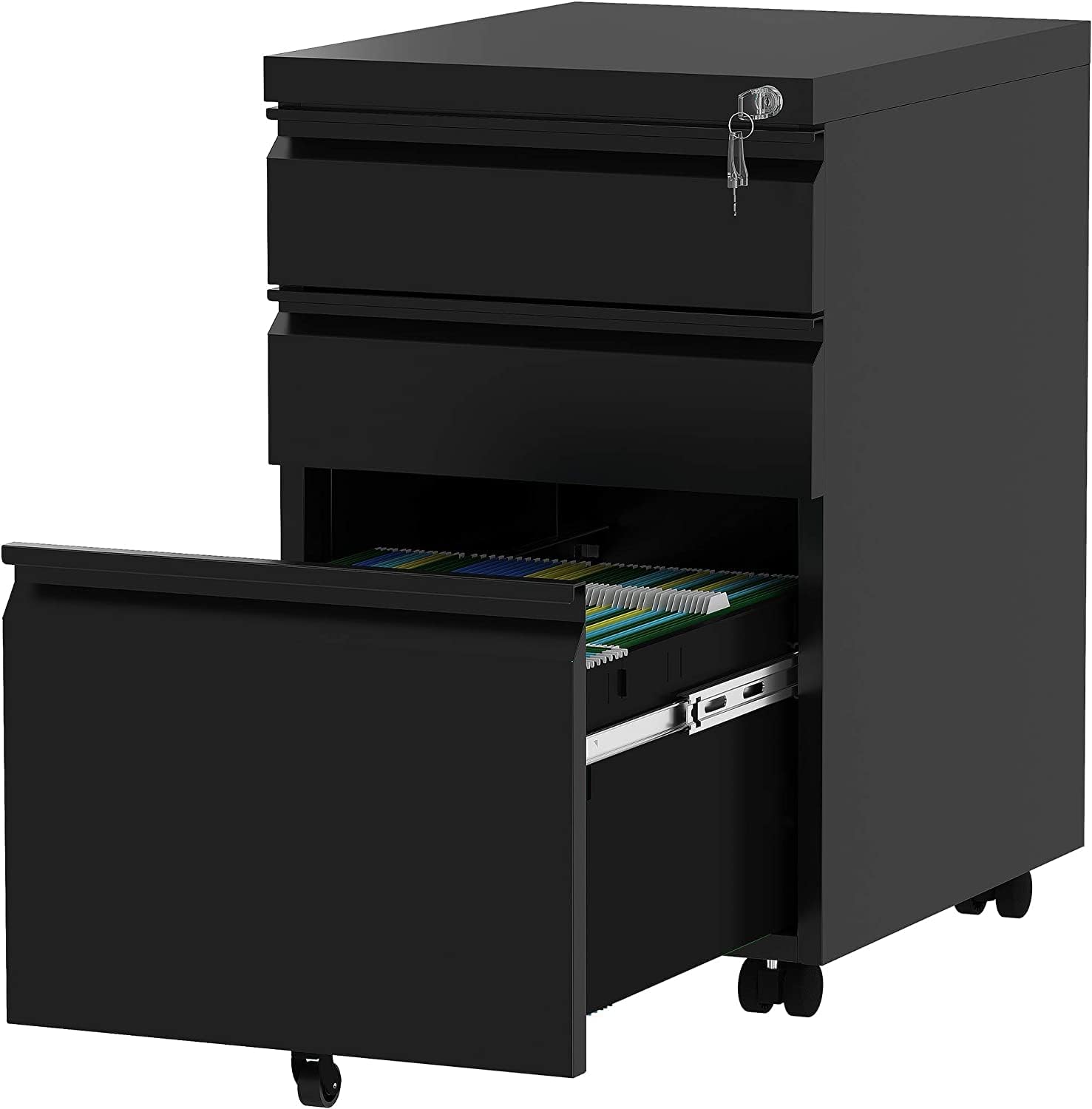 Majnesvon 3 Drawer Mobile File Cabinet with Lock, Under Desk Metal Filing Cabinet for Legal/Letter/A4 File, Fully Assembled Except Wheels, Black