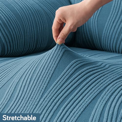 Image of HOKIPO 200 GSM Premium Knitting Jacquard Fully Covered Stretchable Sofa Cover for 1 Seater, 'Nestiva Series' Sea Blue (NEW-AR-5307-BL)