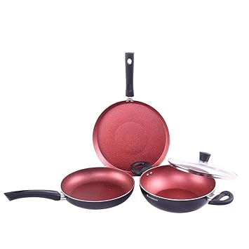 Wonderchef Galaxy Cookware 4 Piece Set | Kadhai with Lid, Fry Pan, Dosa Tawa | Induction Friendly | Cool Touch Bakelite Handles | Pure Grade Aluminium| PFOA Free| 2 Years Warranty | Brick Red