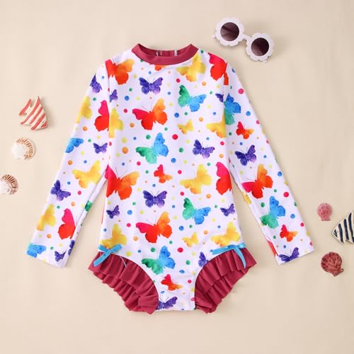 Image of IZYJOY Girl Long Sleeve Swimsuits Ruffle One Piece Rash Guard Bathing Suits Kids Floral UPF 50+ Zipper Swimwear 7-12Y