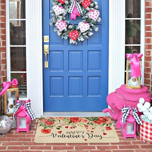 Valentines Day Door Mat,Floral Love Hearts Red Rose Flowers Indoor Outdoor Non-Slip Doormat,Entryway Front Porch Valentine's Day Welcome Mat for Entrance Decor 30" x 17"