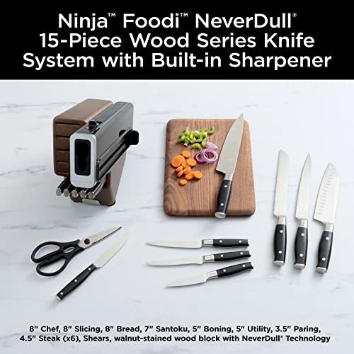 Ninja K52015 Foodi Neverdull 15 Piece Premium Knife System, Wood Series Block, German Stainless Steel, With Built-In Sharpener, Stainless Steel/Walnut #TOP1