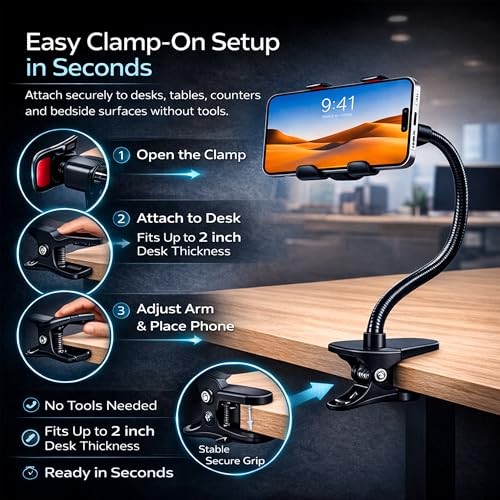Image of SWAPKART Updated 2026 Flexible Mobile Tabletop Stand, Metal Built -for Video, Heavy Duty Foldable Lazy Bracket Clip Mount, Multi Angle Clamp for All Smartphones (Black)