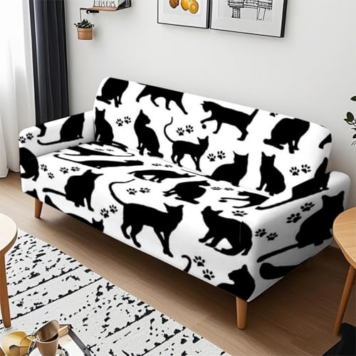 Funda De Sofa 2 Plazas Gato Negro Funda Sofá Elástica En Spandex,Antideslizante,Cubre Sofá Antimanchas Lavable,Protector Sofa Anti Gatos Perros con Reposabrazos