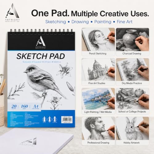 Image of ArtRight A4 Portrait Sketch Pad - 20 Sheets, 160 GSM, Spiral Bound Sketch Book for Pen, Pencil, Ink, Mandala and Charcoal Media (Acid-Free Sheets)