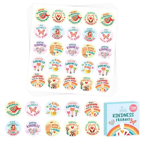 Decorably 1100 Kindness Stickers for Kids Bulk - 44 Sheets with 10...