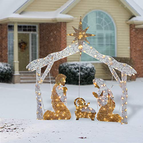 National Tree Company Company Lit Artificial Christmas Décor Includes Pre-Strung Mini White Led Lights And Ground Stakes Crystal Holy Family Nativity-4.5 Ft #TOP1