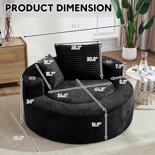 Image of Oversized Round Chair Lounge Chaise Indoor, 55.5 inch Upholstered Corduroy Deep Seat Single Cloud Sofa Chair with Cup Holder, Modern Large Circle Boneless Sleeper Sofa for Living Room, Black