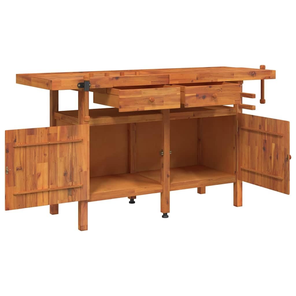 Banco da lavoro in legno di acacia massiccio con cassetti e viti da 162 x 62 x 83 cm, piano di lavoro stabile, per officina, garage, sala hobby, con molto spazio e porta attrezzi