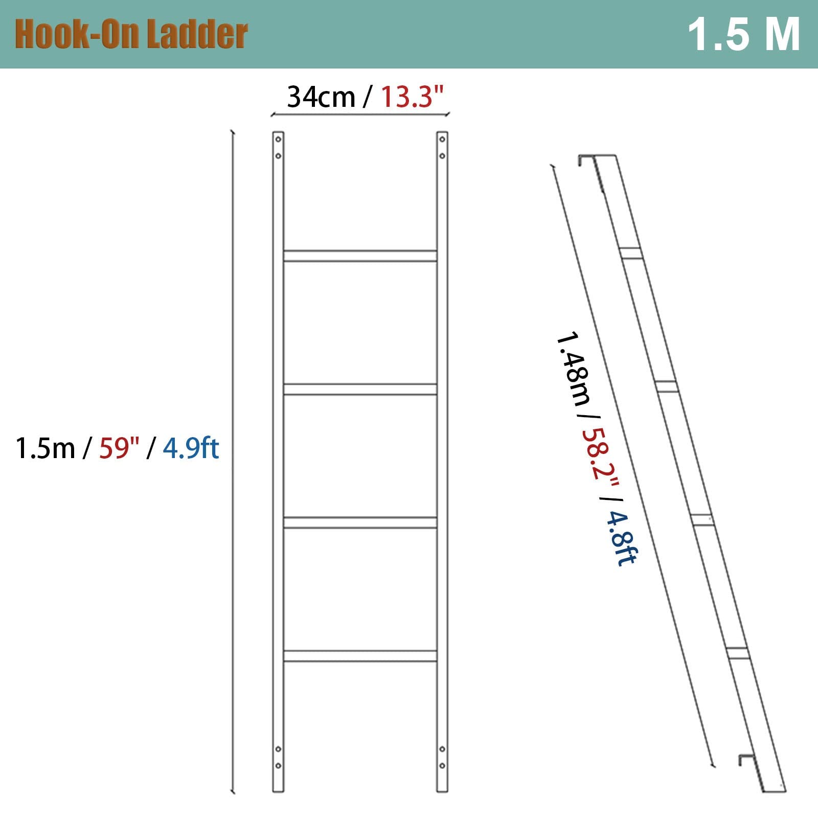 Scala a Castello con Gancio per roulotte, Camper, Scuola, dormitorio, Letto a soppalco in Metallo, Alta 150 cm, Bianca, Grigia, Nera (Dimensioni: 1,5 m/59)