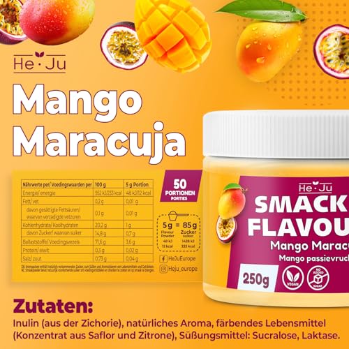 He-Ju Flavour Pulver Mango Maracuja 250g vegan, Mango Pasion Fruit Geschmackspulver zum Süßen fast ohne Kalorien