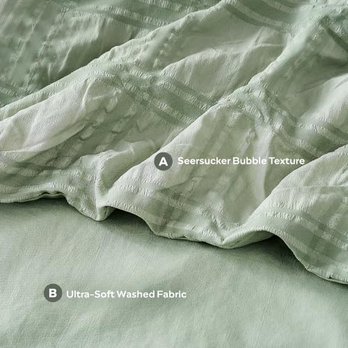 Image of JELLYMONI Seersucker Duvet Cover Set Full, 3pcs Light Green-Grid Polyester | In Guest Room & Studio, Single Upgrades Pick, Crinkled Texture, Oeko-Tex Certified, 8 Corner Ties & Hidden Zipper