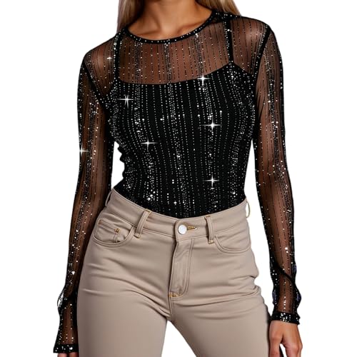Generisch Parte superior de malla brillante para mujer, para carnaval, lentejuelas, parte superior de malla transparente, camiseta de manga larga, blusa transparente con estrellas, túnica, fiesta