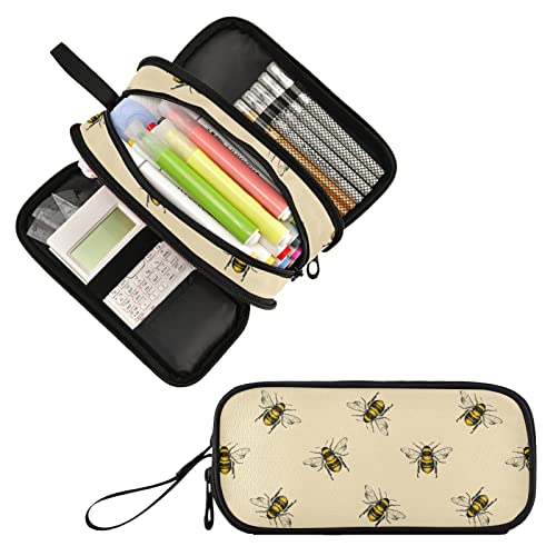 Image of Fustylead Rural Honeybee Retro Floral Large Pencil Pen Case Stationery Bag, 3 Compartments School College Office Desk Organizer Storage Pouch Marker for Teen Boys Girls Students-Beige