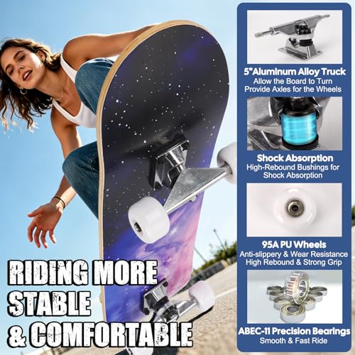 Image of Skateboards for Beginners Adults Youths Teens Kids Girls Boys 31 Inch Pro Complete Skate Boards 7 Layer Canadian Maple Double Kick Concave Longboards