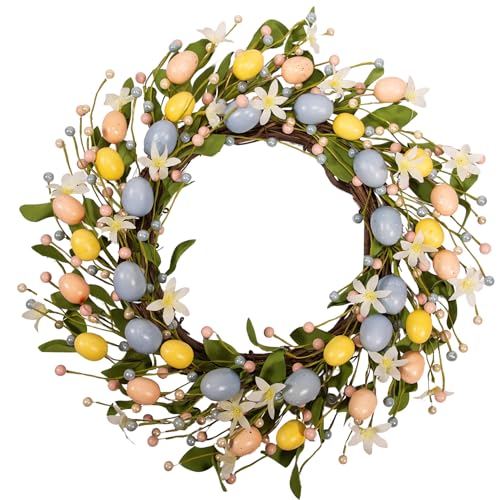 wwmira 20 Inch Easter Wreaths for Front Door with White Daisy Colorful Eggs Pearl Berries and Green Leaves Egg Wreath for Window Porch Elegant Floral Home and Wall Decorations
